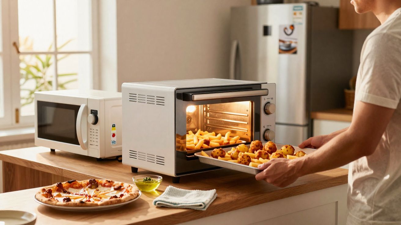 Pessoa retirando tabuleiro com batatas e bolinhas do forno elétrico em cozinha residencial.