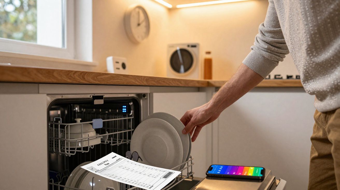 Pessoa colocando pratos na máquina de lavar louça em cozinha moderna com celular ao lado.