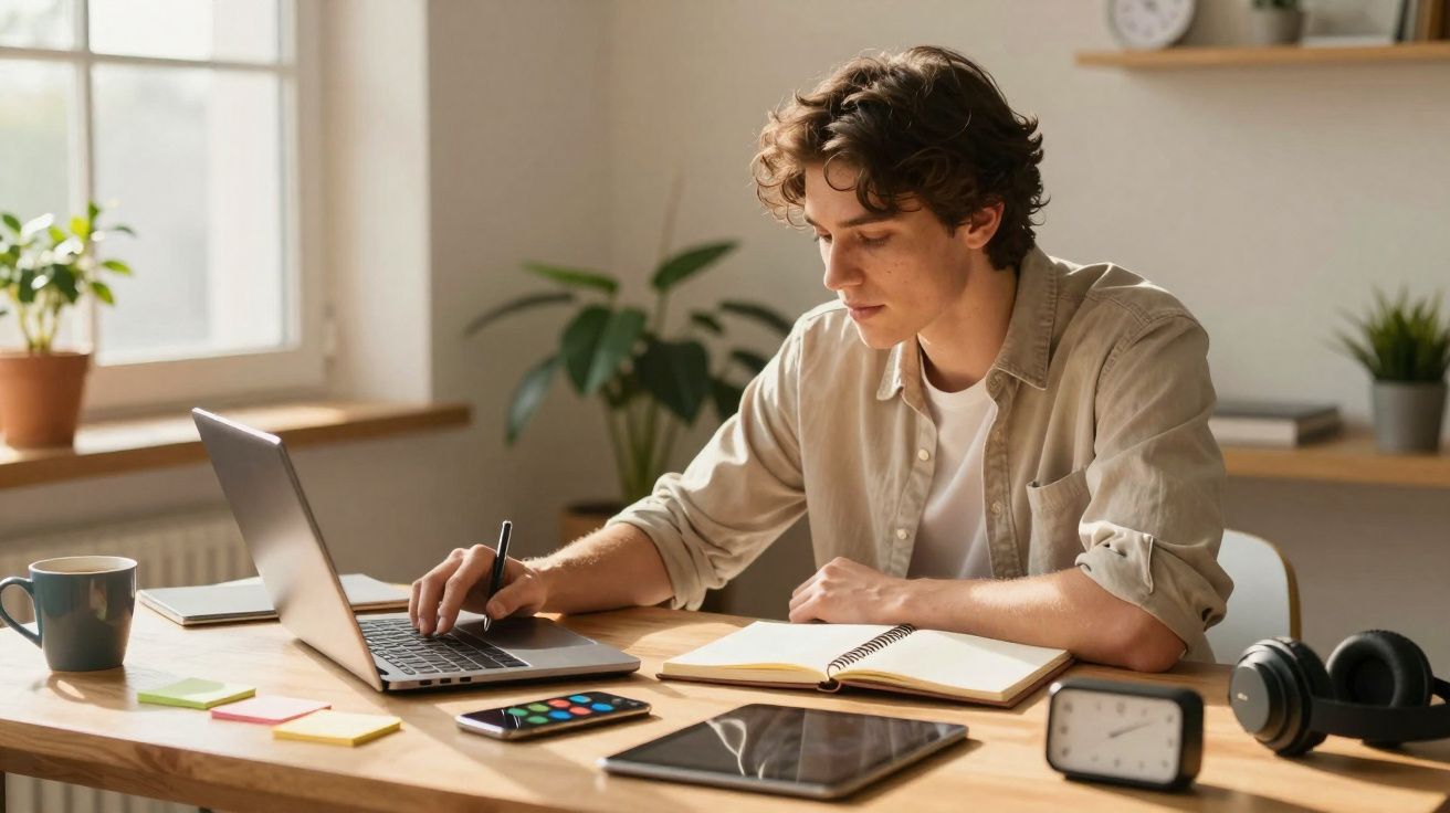 Jovem sentado à mesa usando laptop e escrevendo em caderno, com fones, relógio e tablet à sua frente.