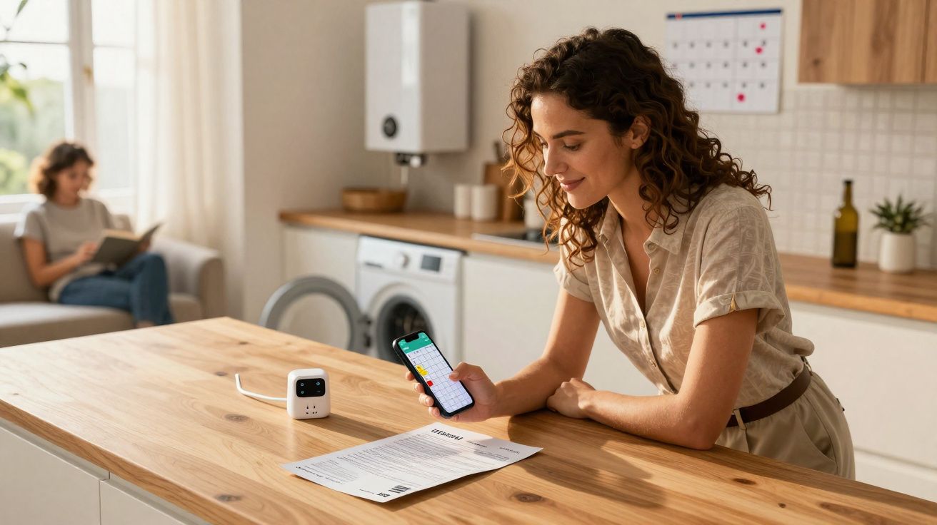 Mulher consultando agenda no celular enquanto revisa fatura sobre bancada de madeira na cozinha.