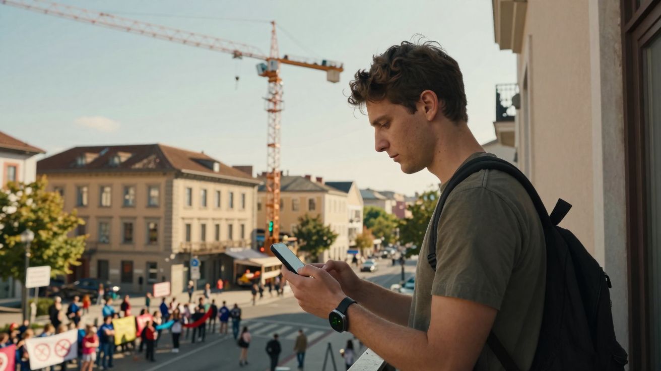 Jovem com mochila consulta celular em sacada com rua e pessoas ao fundo em dia ensolarado.