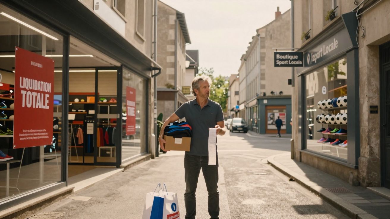 Homem parado na rua com caixas, sacolas e lista de compras em frente a lojas esportivas.