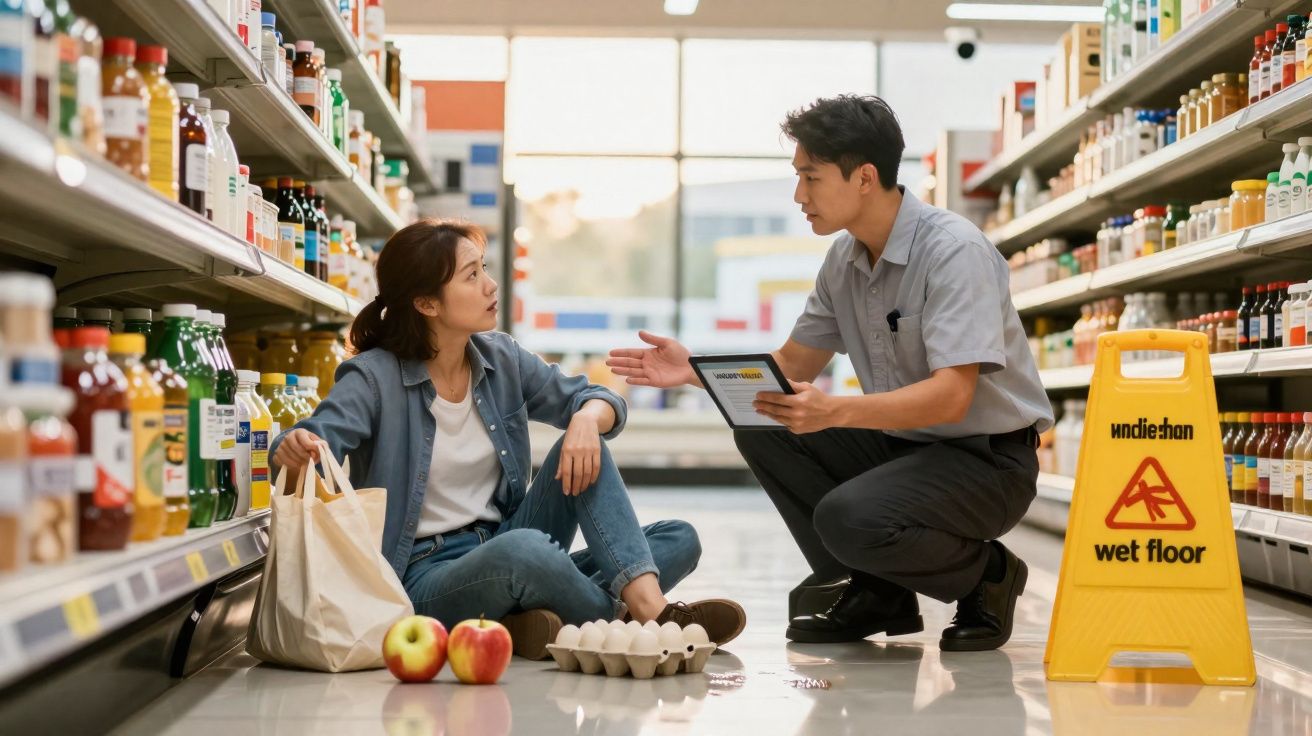 Mulher sentada no chão de supermercado conversando com funcionário ao lado de placa de chão molhado.