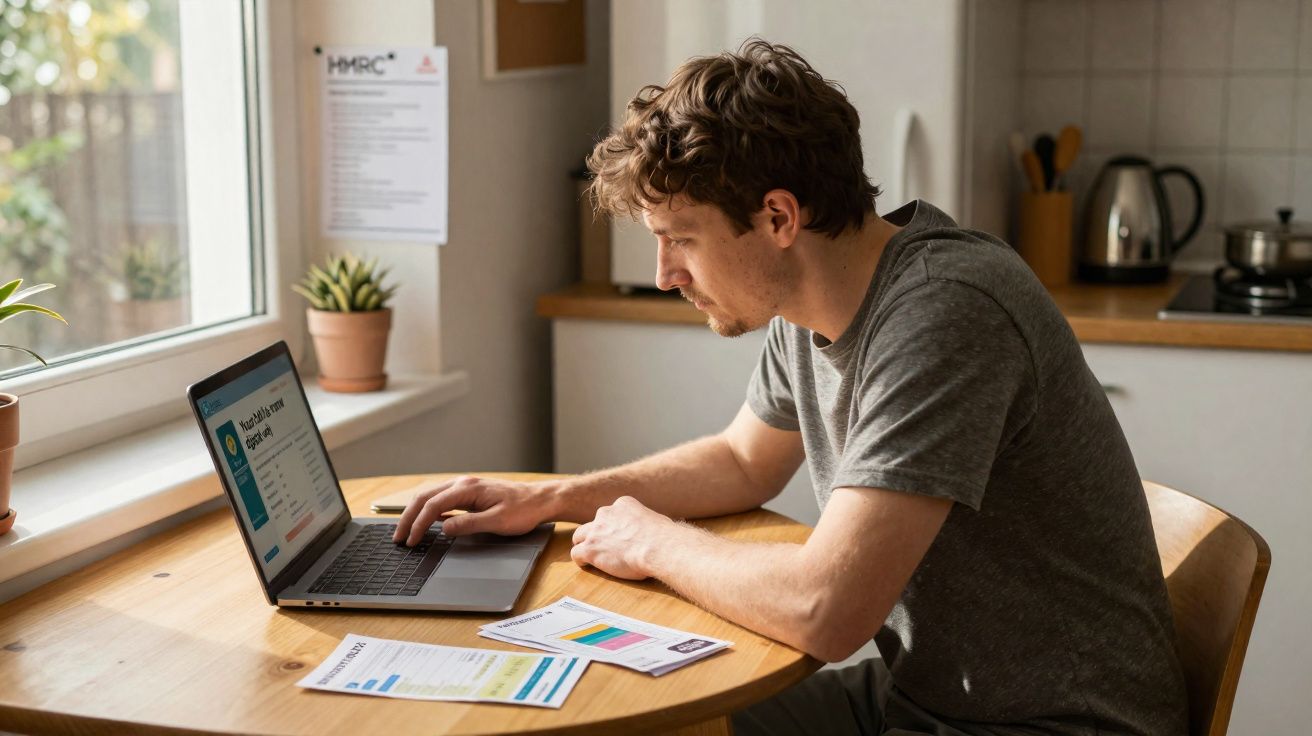 Homem sentado à mesa em casa usando laptop, com documentos e plantas ao redor.