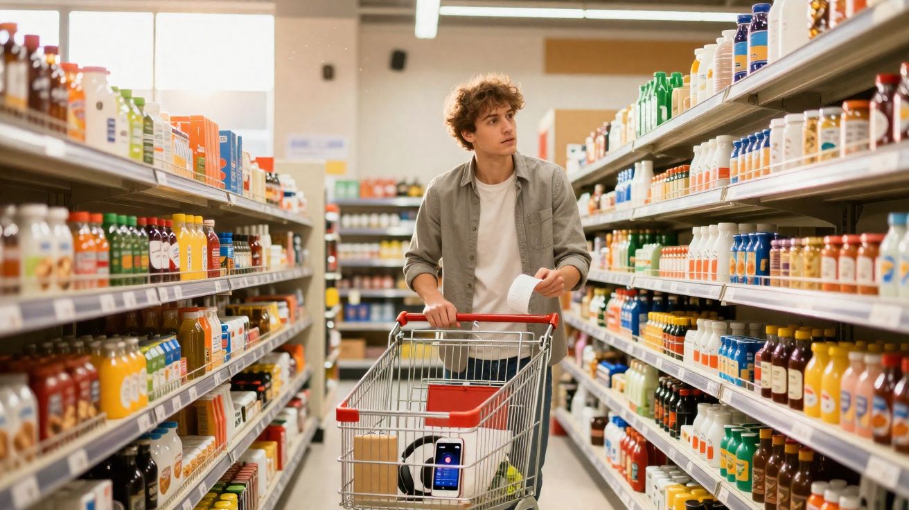 Homem empurra carrinho de compras em corredor de supermercado cheio de bebidas embriagantes.