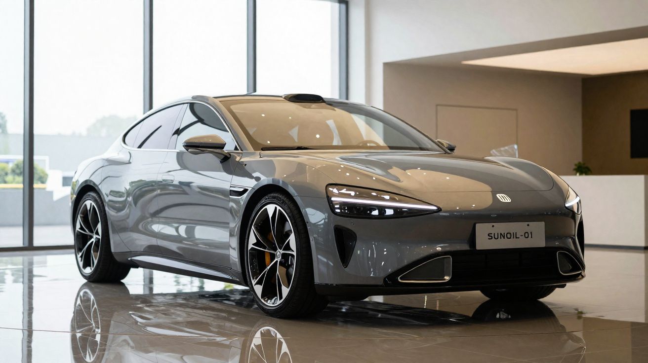 Carro esportivo elétrico cinza estacionado em ambiente interno com piso refletivo e grandes janelas atrás.