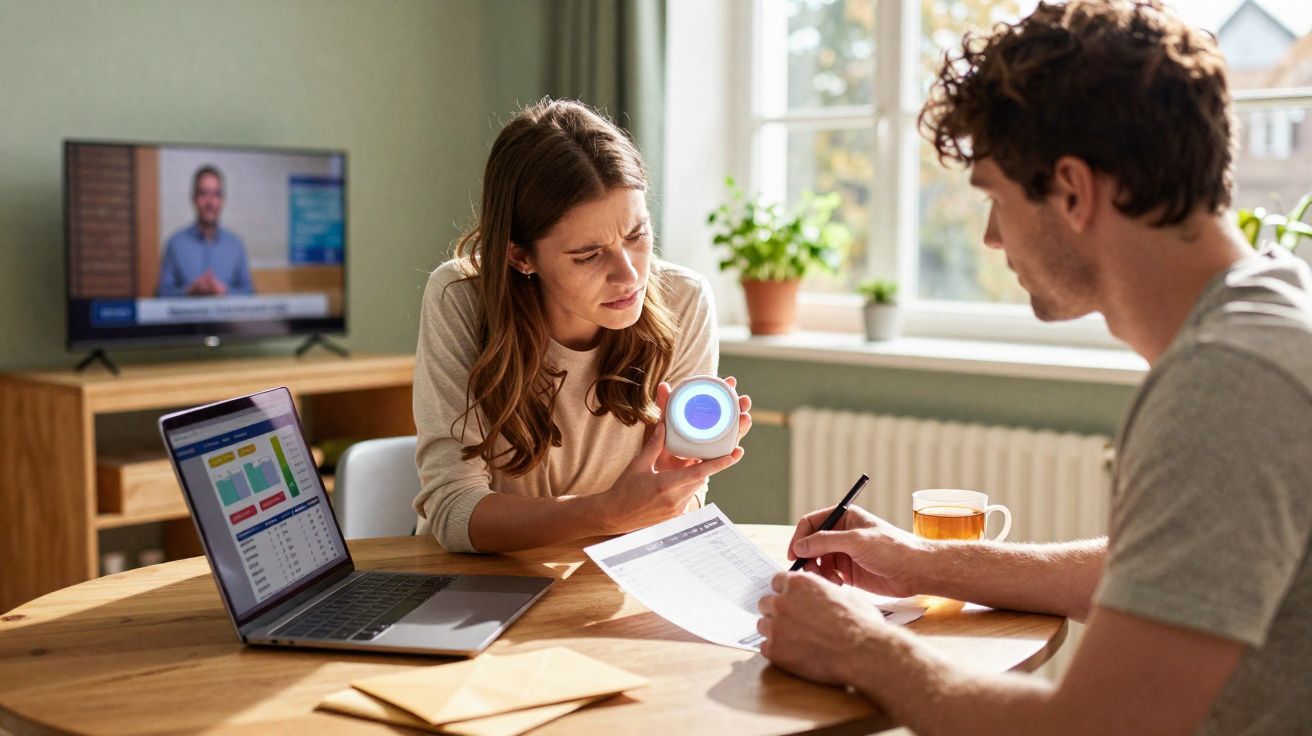 Casal em mesa com laptop e contas, mulher mostra dispositivo digital para homem que assina documento.