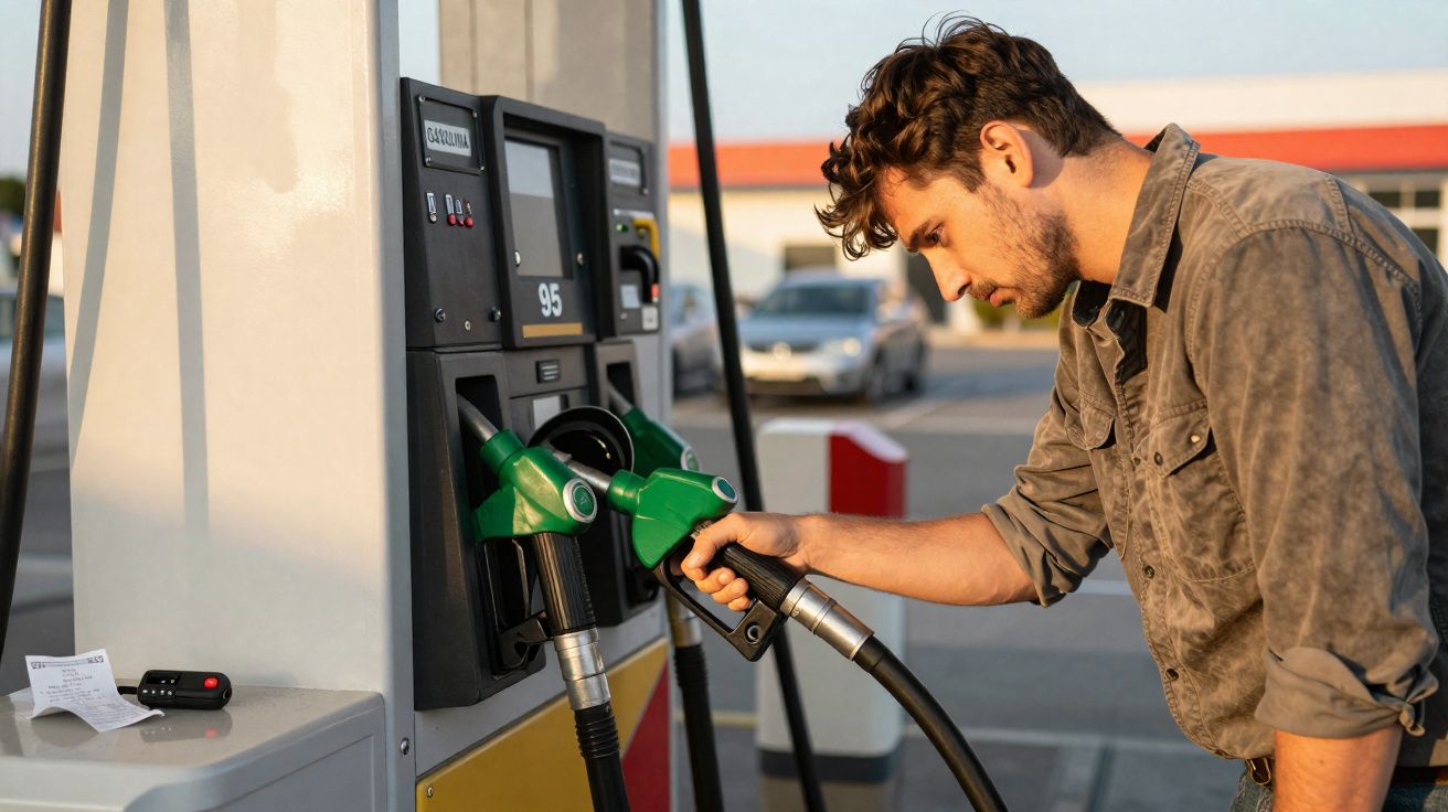 Homem abastecendo carro com gasolina em posto de combustível durante o dia.