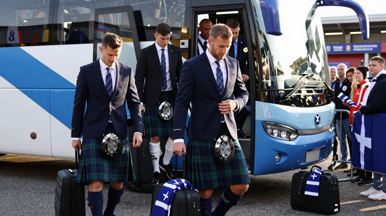 Homens vestidos com kilt e blazers saem de um ônibus azul, carregando malas e sendo observados por pessoas na rua.