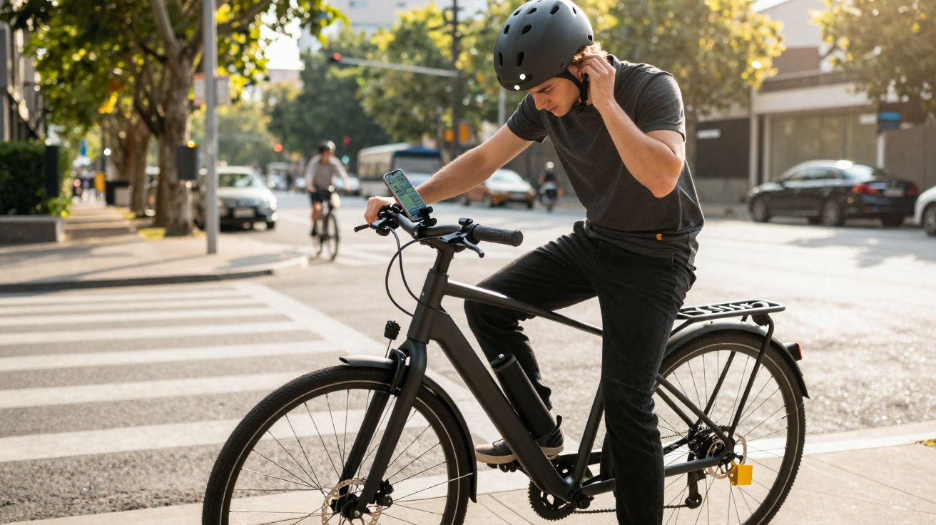 Homem de capacete ajusta fone enquanto está com bicicleta preta em calçada urbana ensolarada.