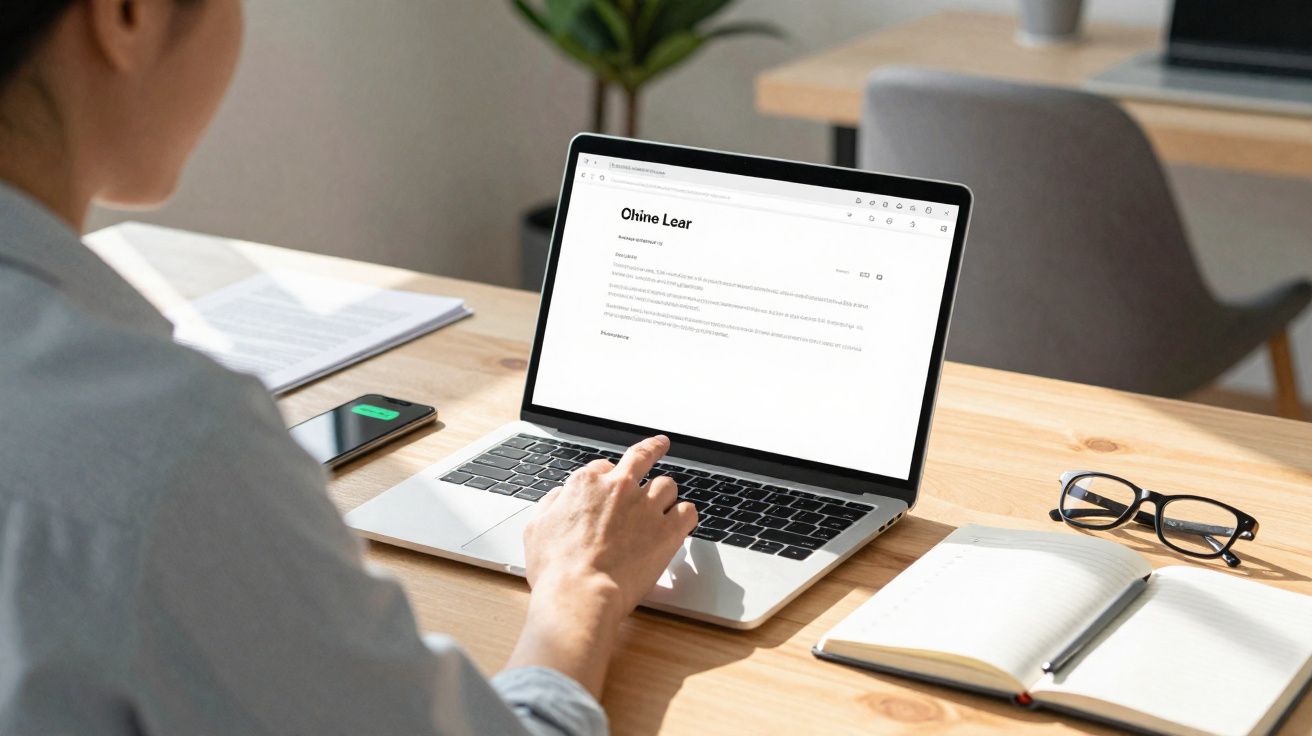 Pessoa usando laptop em mesa de madeira com celular, óculos e caderno aberto ao lado.