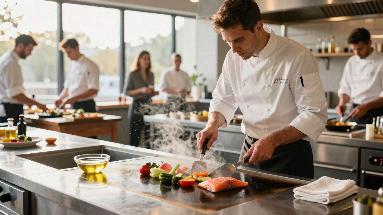 Chef cozinhando salmão e legumes em chapa quente numa cozinha profissional com outras pessoas ao fundo.