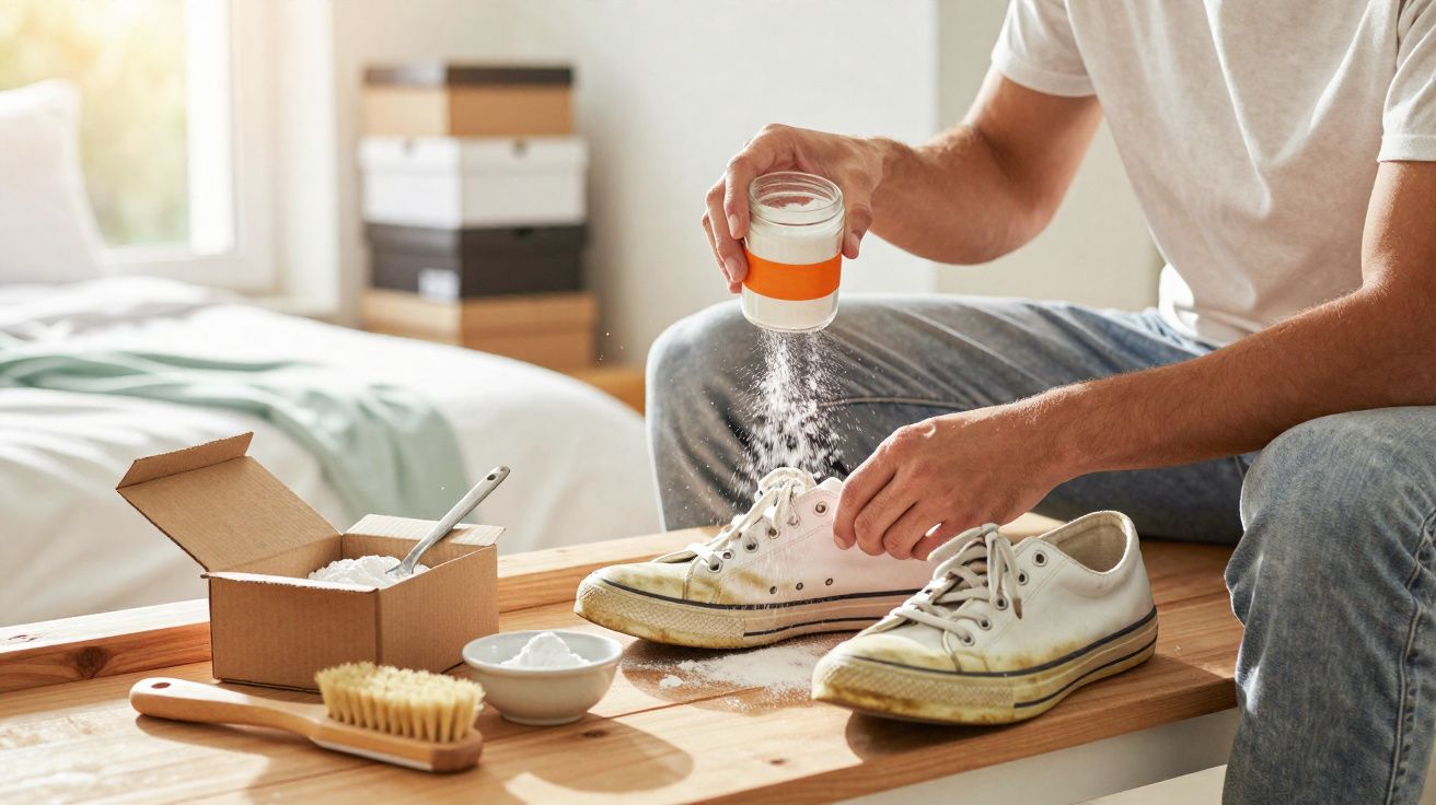 Pessoa aplicando pó branco em tênis branco sujo sobre mesa de madeira em quarto.