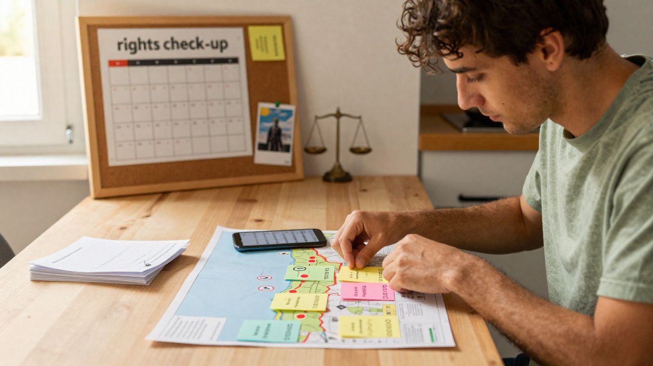 Homem organiza post-its coloridos em mapa sobre mesa de madeira em ambiente iluminado.