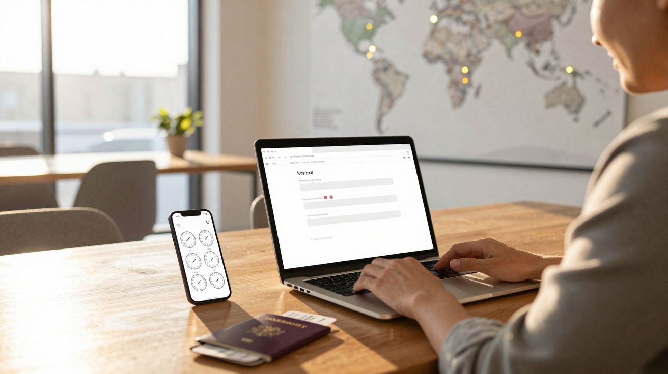 Pessoa digitando em notebook com celular exibindo relógios, passaporte e mapa-múndi ao fundo em mesa de madeira.