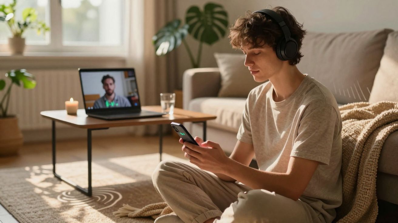 Jovem sentado no chão usando fones e celular, com vídeo chamada aberta no laptop à sua frente.