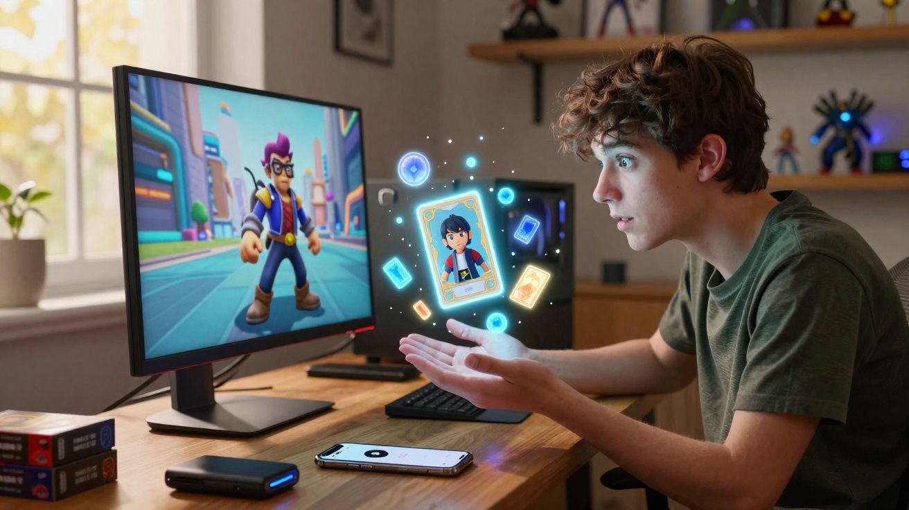 Jovem sentado em mesa joga game digital no computador com personagem e cartas holográficas flutuando.