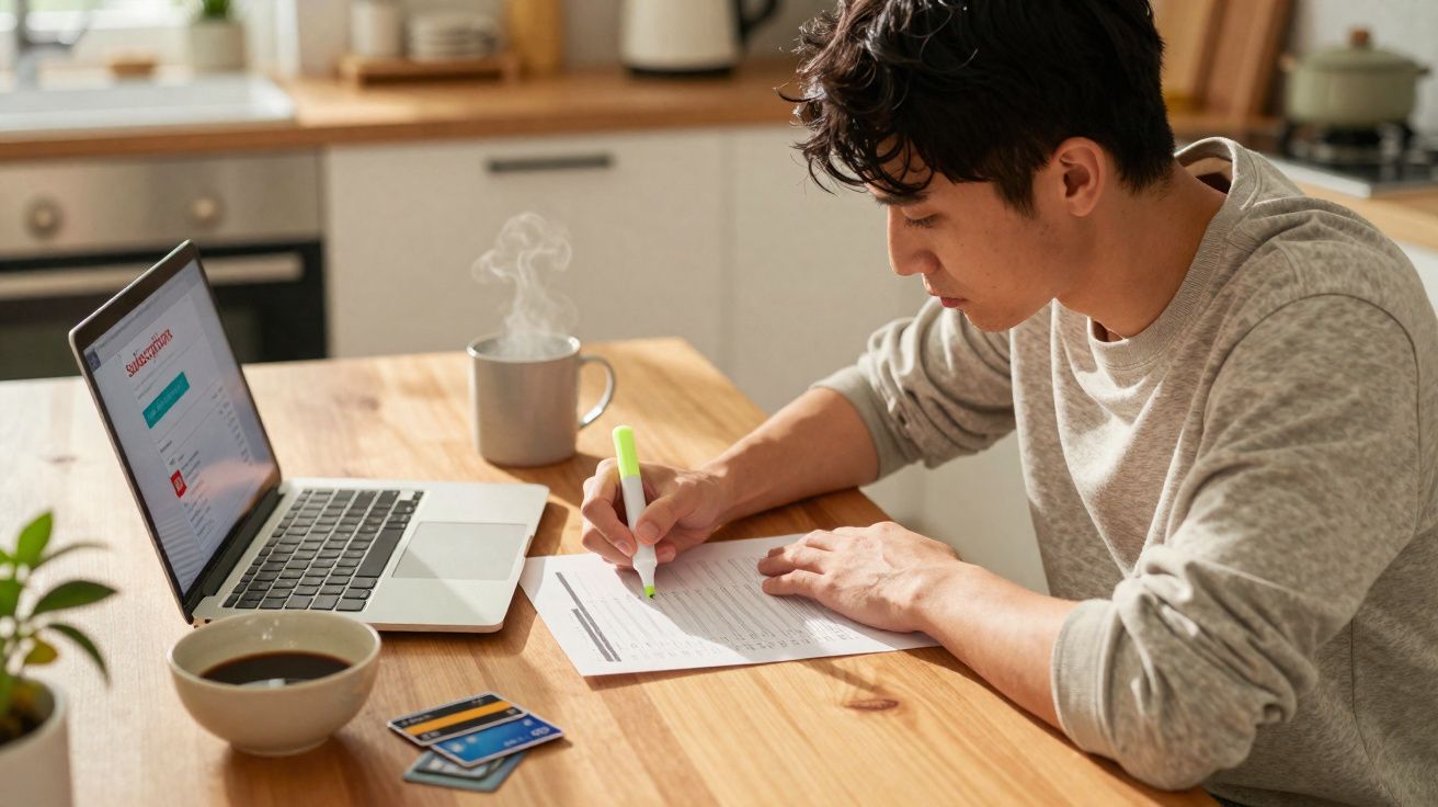 Homem sentado à mesa escrevendo em documento com marcador, laptop aberto e café fumegante ao lado.