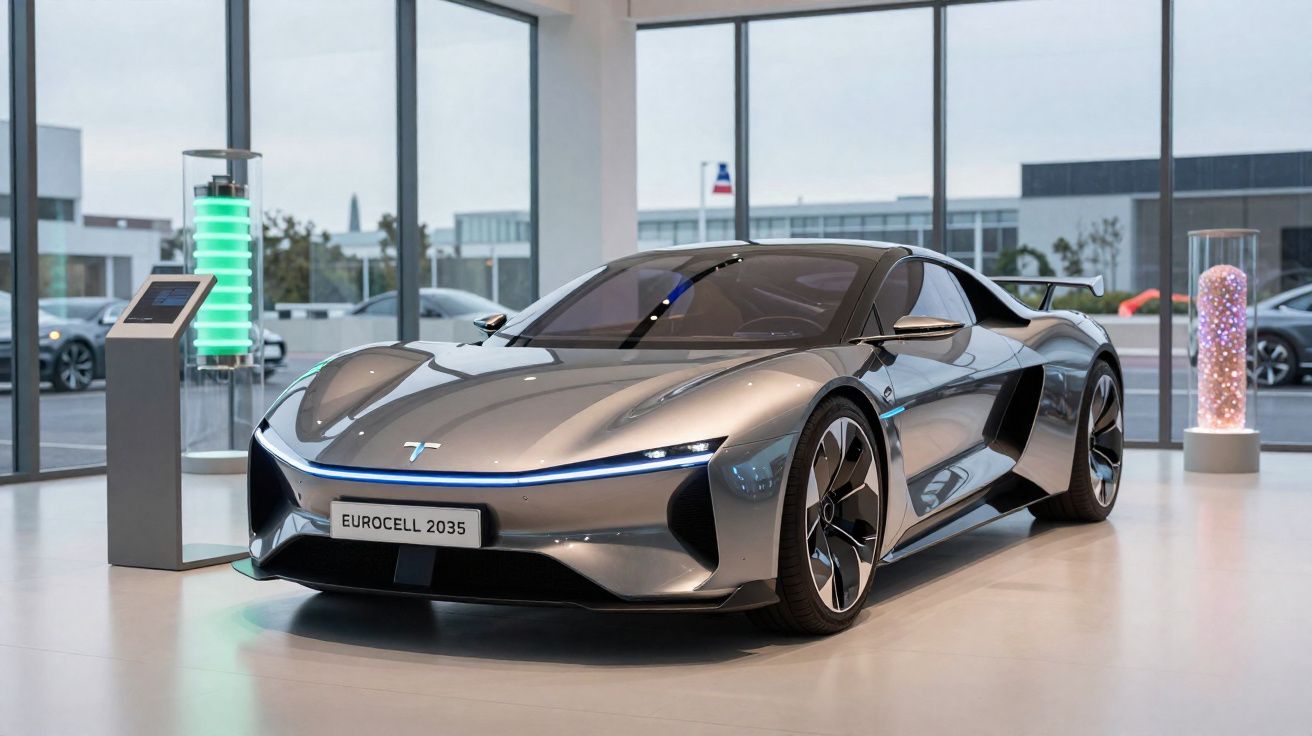 Carro esportivo elétrico prateado Eurocell 2035 em exposição interna com janelas grandes ao fundo.