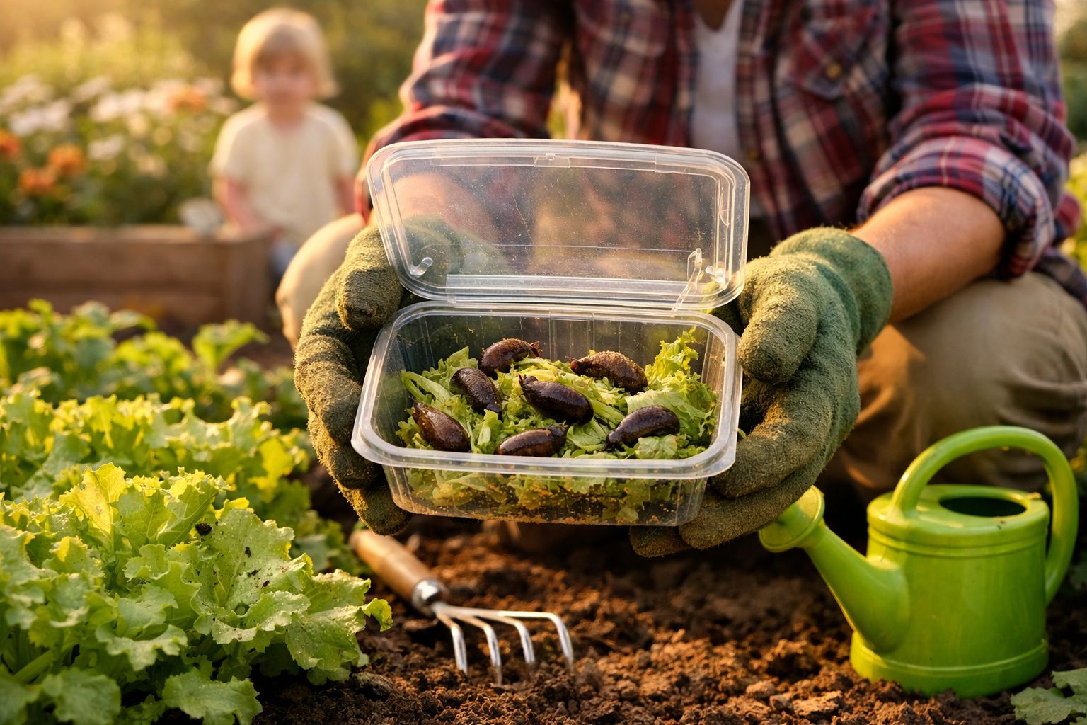 Pessoa com luvas verdes segura caixa de plástico com insetos pretos sobre folhas verdes em horta.
