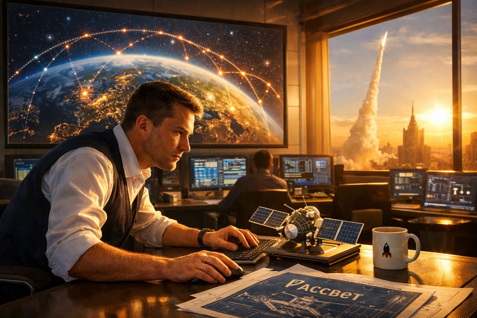 Homem trabalha em sala de controle com modelo de satélite, tela do planeta Terra e lançamento de foguete ao pôr do sol.
