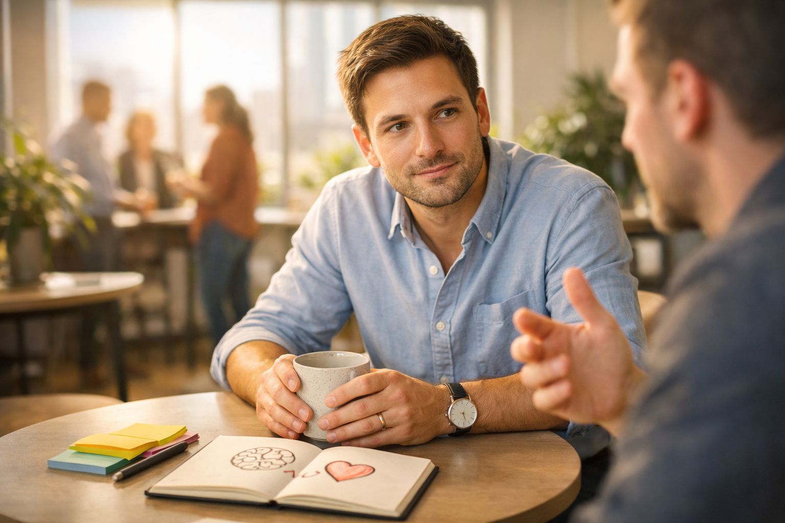 Homem sorridente segurando caneca conversa com colega em ambiente de trabalho informal.