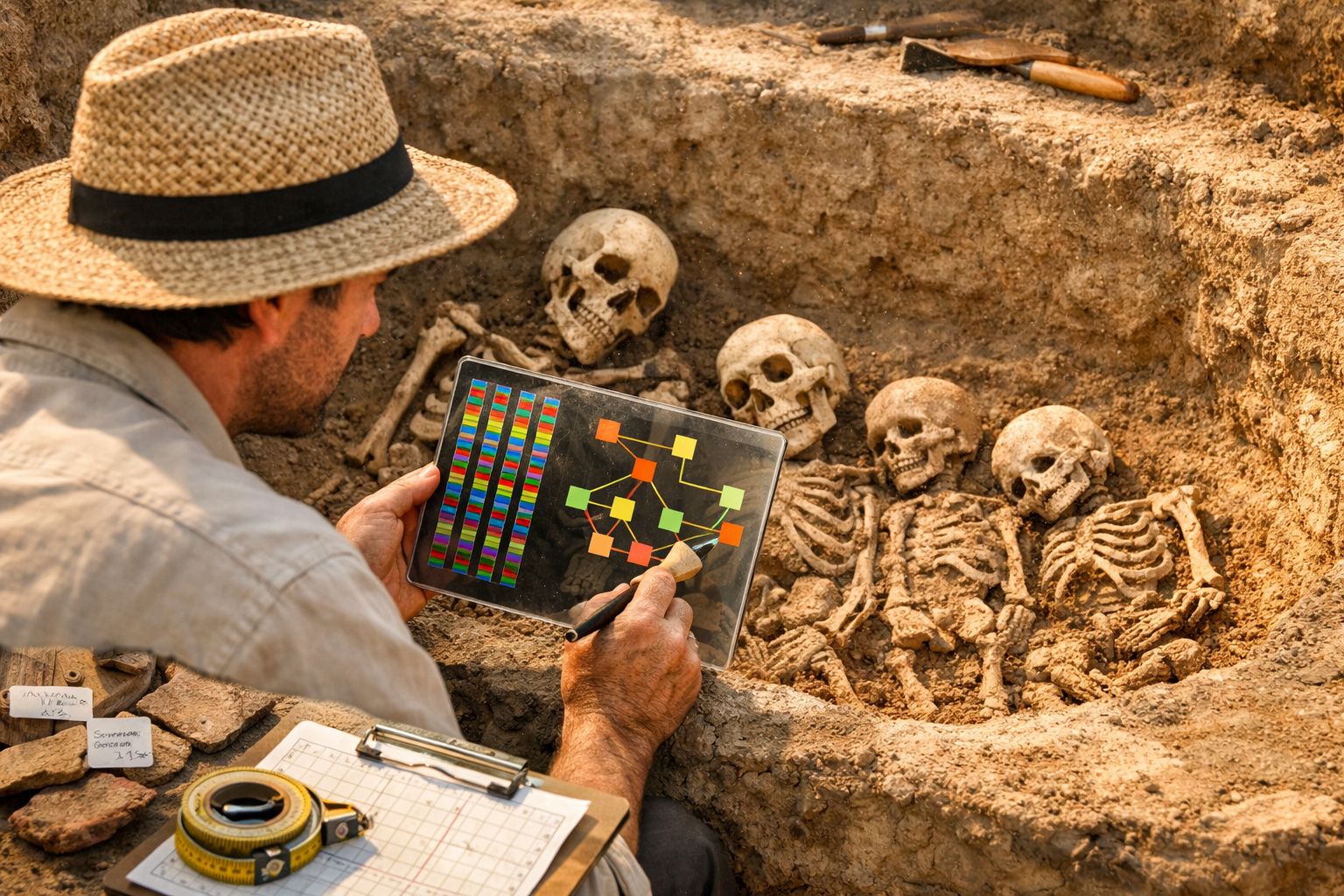 Arqueólogo analisando tabela genética em tablet perto de esqueletos em escavação arqueológica.