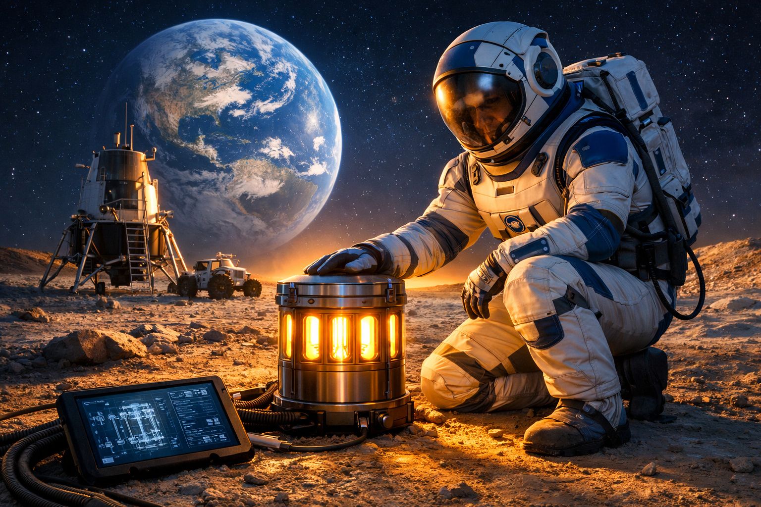 Astronauta em traje espacial operando equipamento iluminado em superfície lunar com Terra ao fundo.