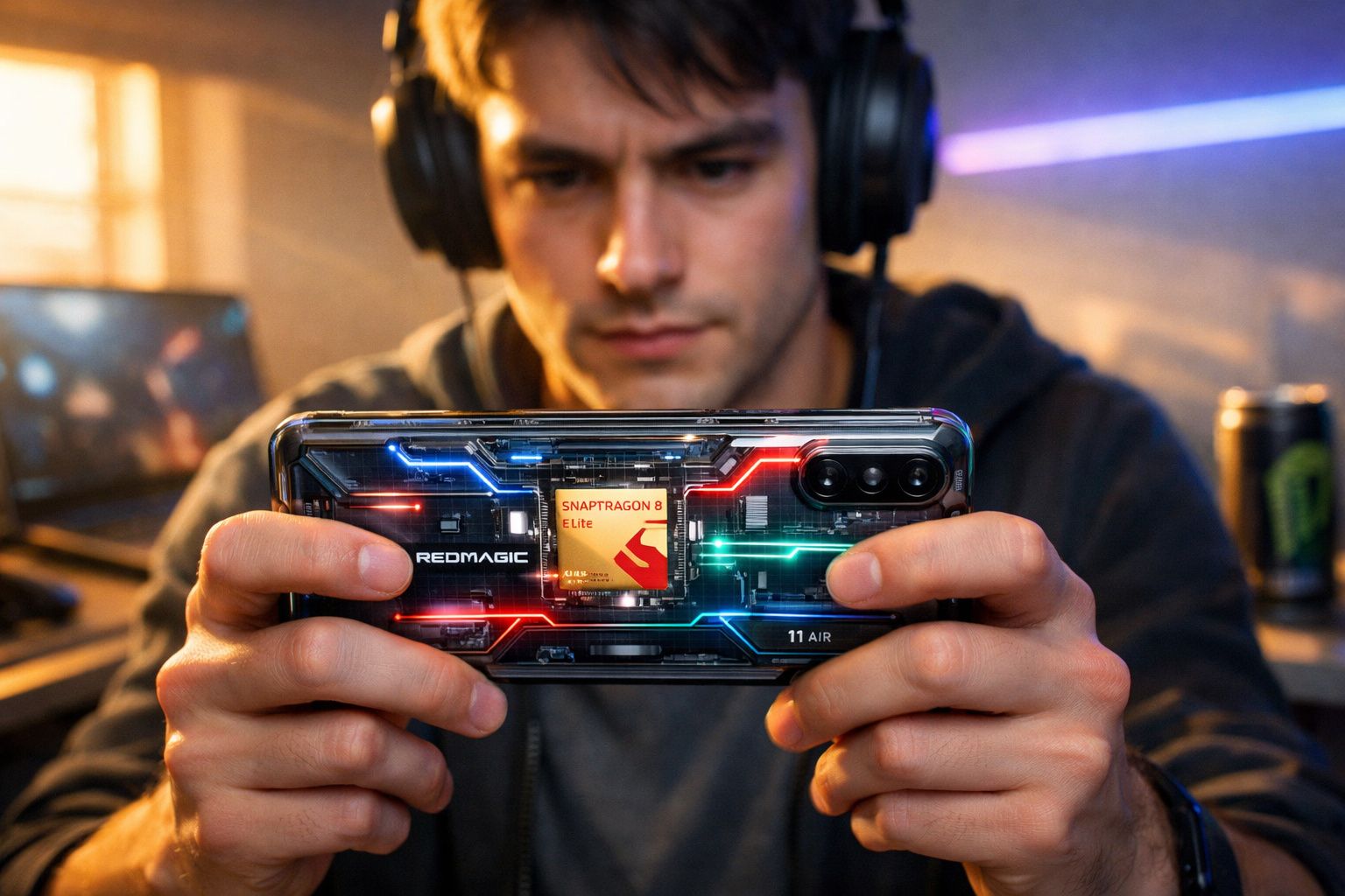 Homem usando fones de ouvido joga no celular gamer RedMagic com iluminação RGB em ambiente interno.