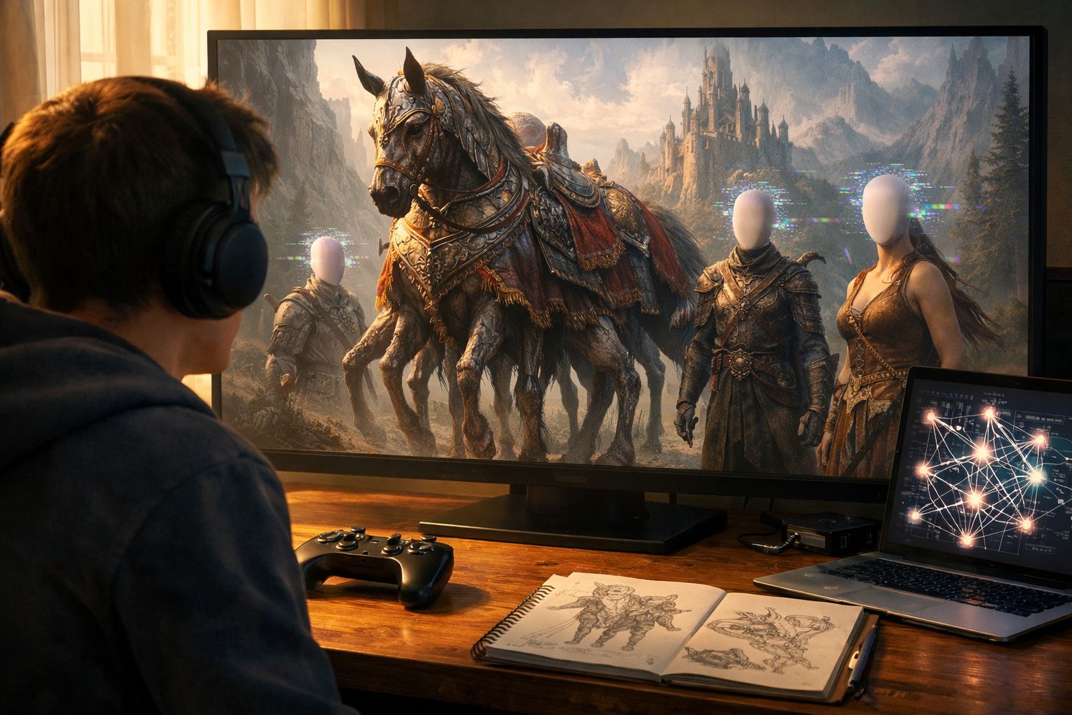 Jovem com fone joga videogame de fantasia medieval com cavalo e personagens sem rosto na tela.