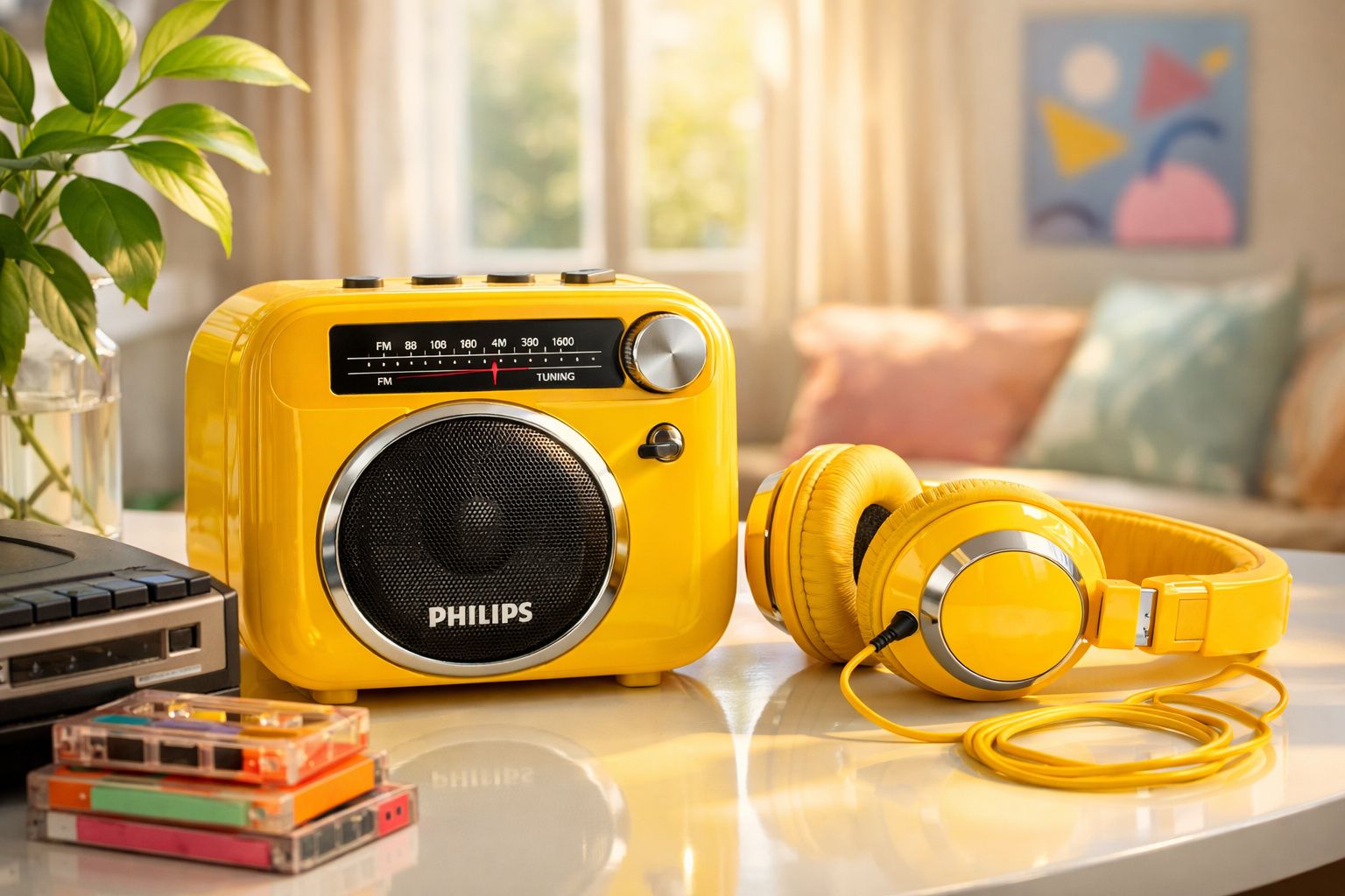 Rádio amarelo vintage Philips com fone de ouvido amarelo sobre mesa em ambiente iluminado e aconchegante.