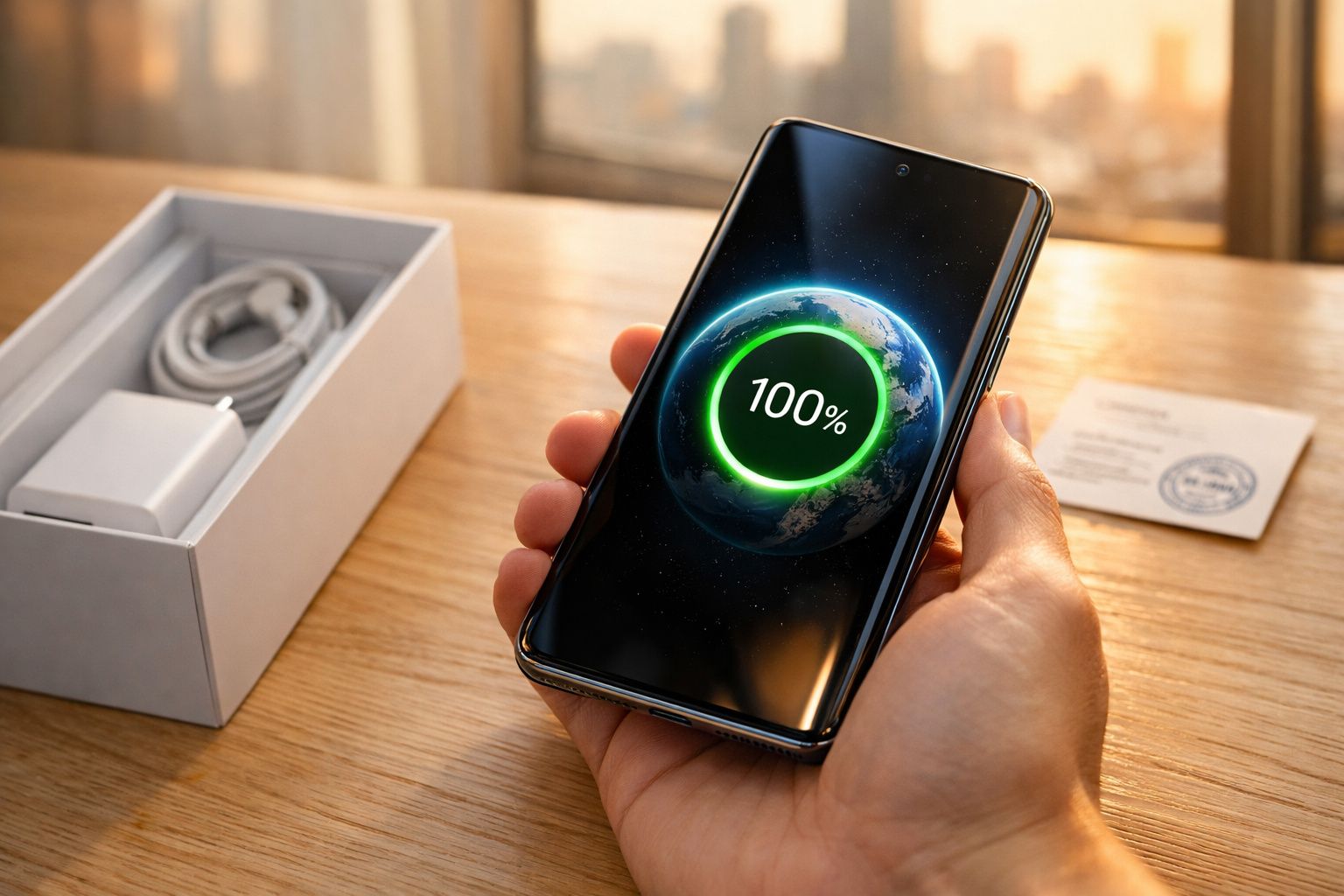 Pessoa segurando smartphone com bateria carregada 100% ao lado de caixa com carregador e cabo.