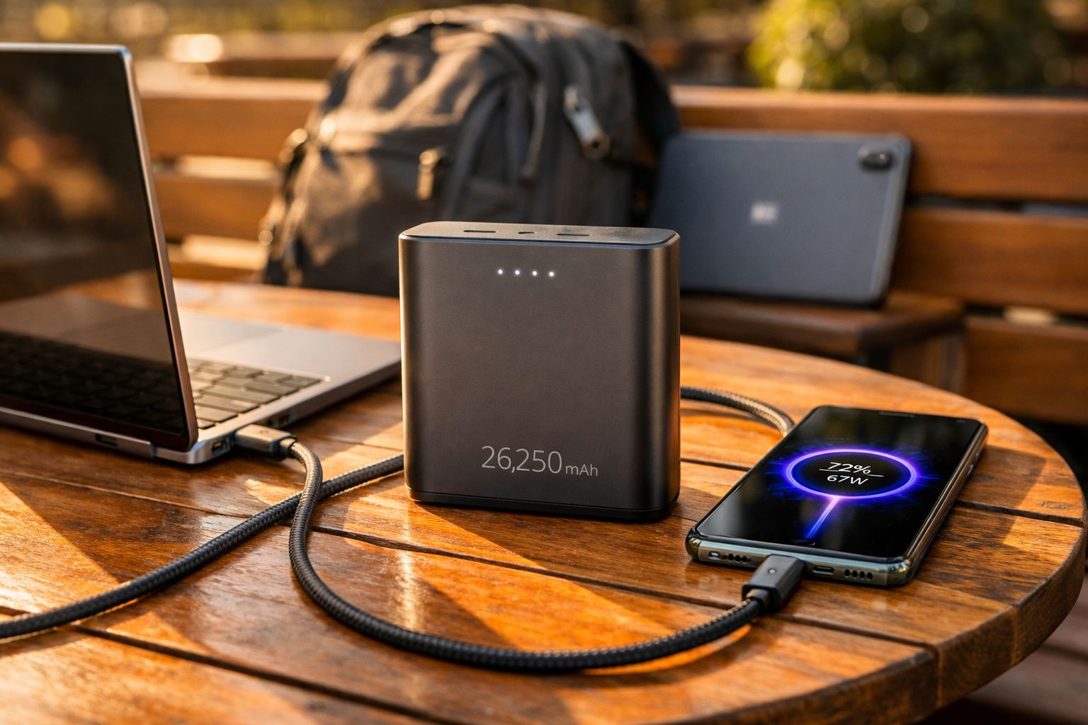 Power bank preto de 26.250mAh carregando um smartphone e laptop em mesa de madeira ao ar livre.