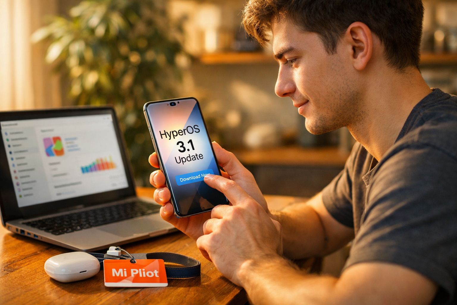 Homem jovem segurando smartphone que exibe atualização HyperOS 3.1, com laptop e fones sobre mesa ao fundo.