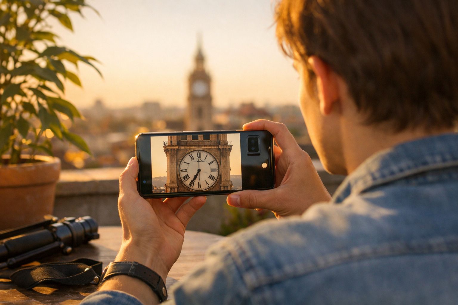 Pessoa fotografando relógio em torre antiga com celular ao pôr do sol.