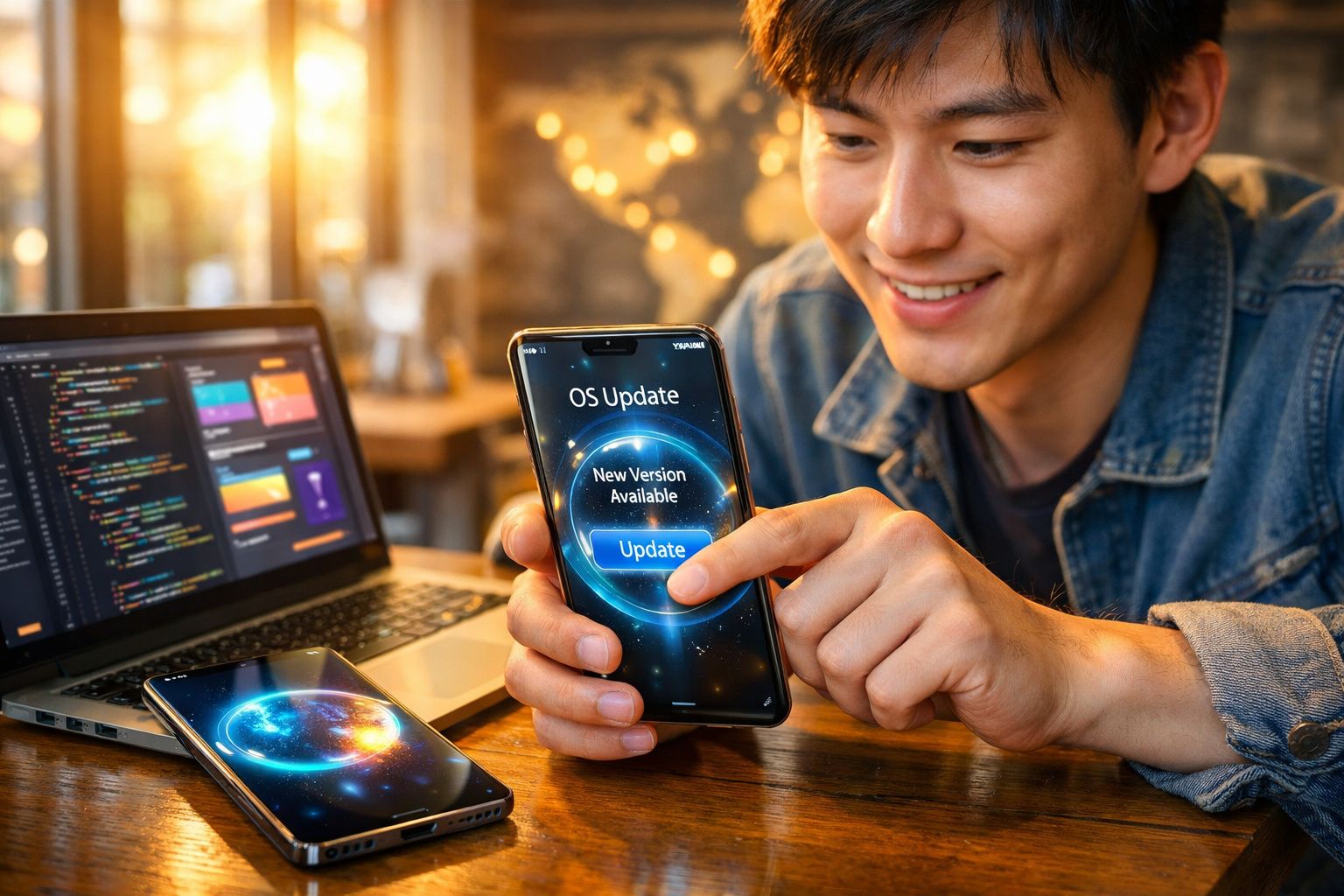 Jovem interagindo com smartphone mostrando atualização de sistema, laptop e outro celular na mesa.