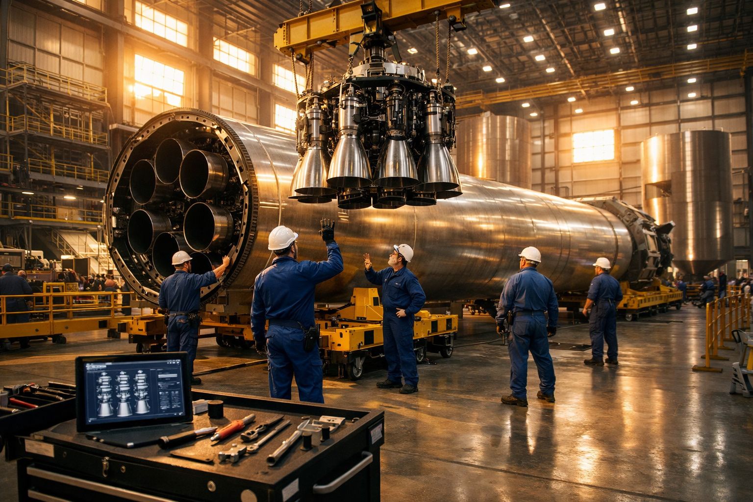 Técnicos em capacetes analisam em fábrica motores de foguete grande e tubo cilíndrico de metal.