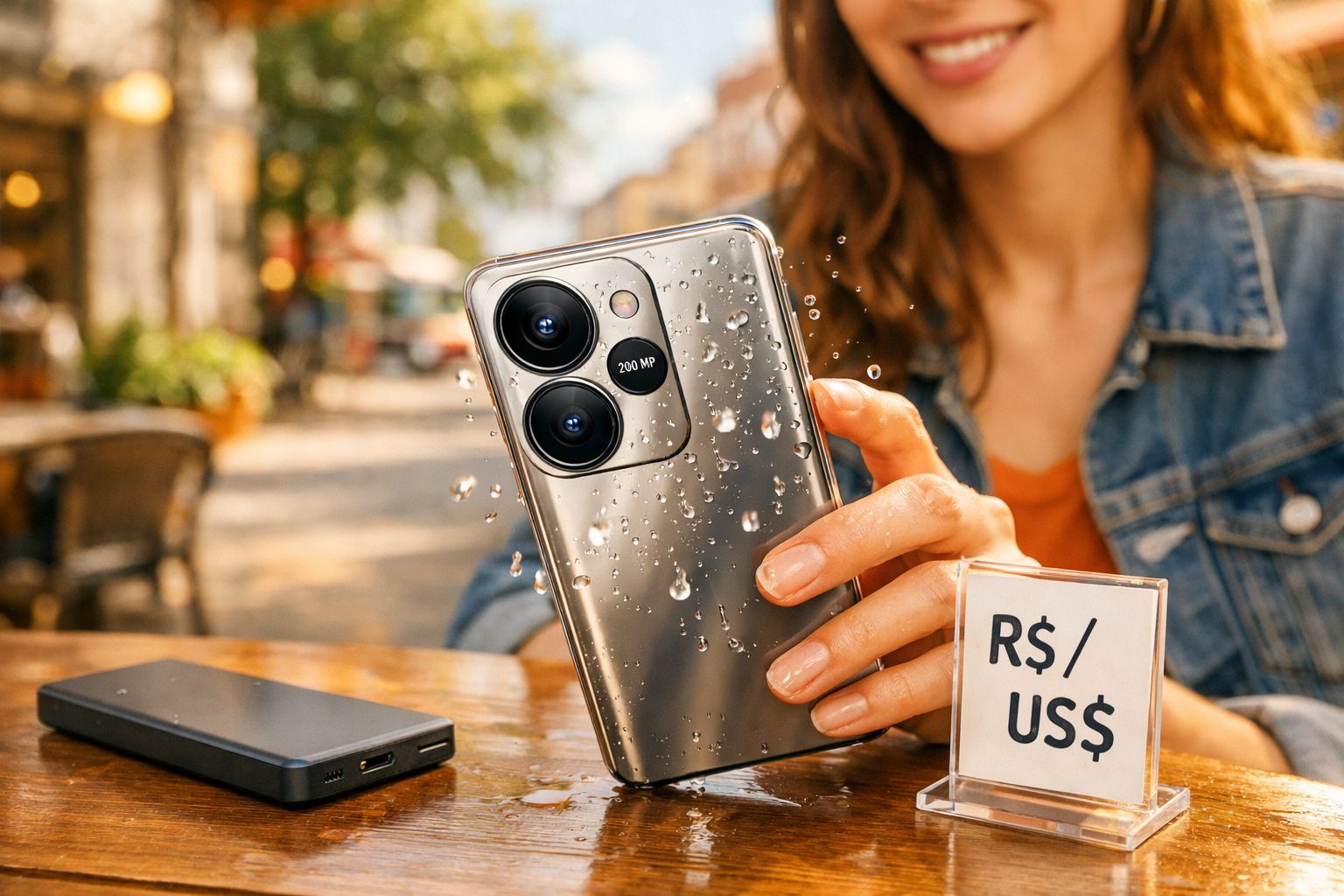 Mulher segurando smartphone prateado com gotas d'água, mostrando resistência à água em ambiente externo.