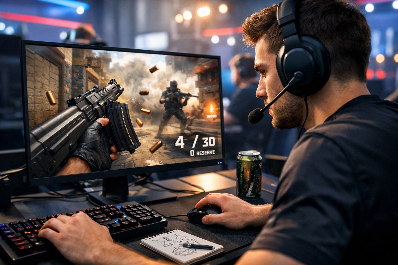 Homem usando headset joga videogame de tiro em computador com teclado e mouse numa sala escura.