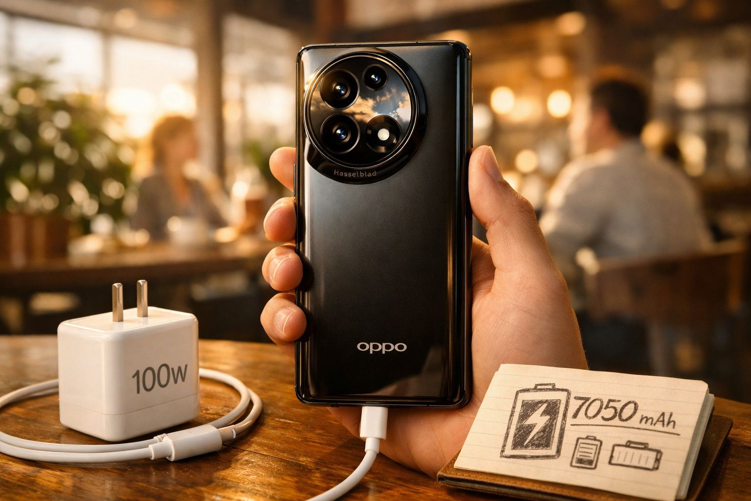 Mão segurando smartphone Oppo preto com câmera Hasselblad, carregando ao lado carregador 100W e desenho de bateria 7050 mAh.