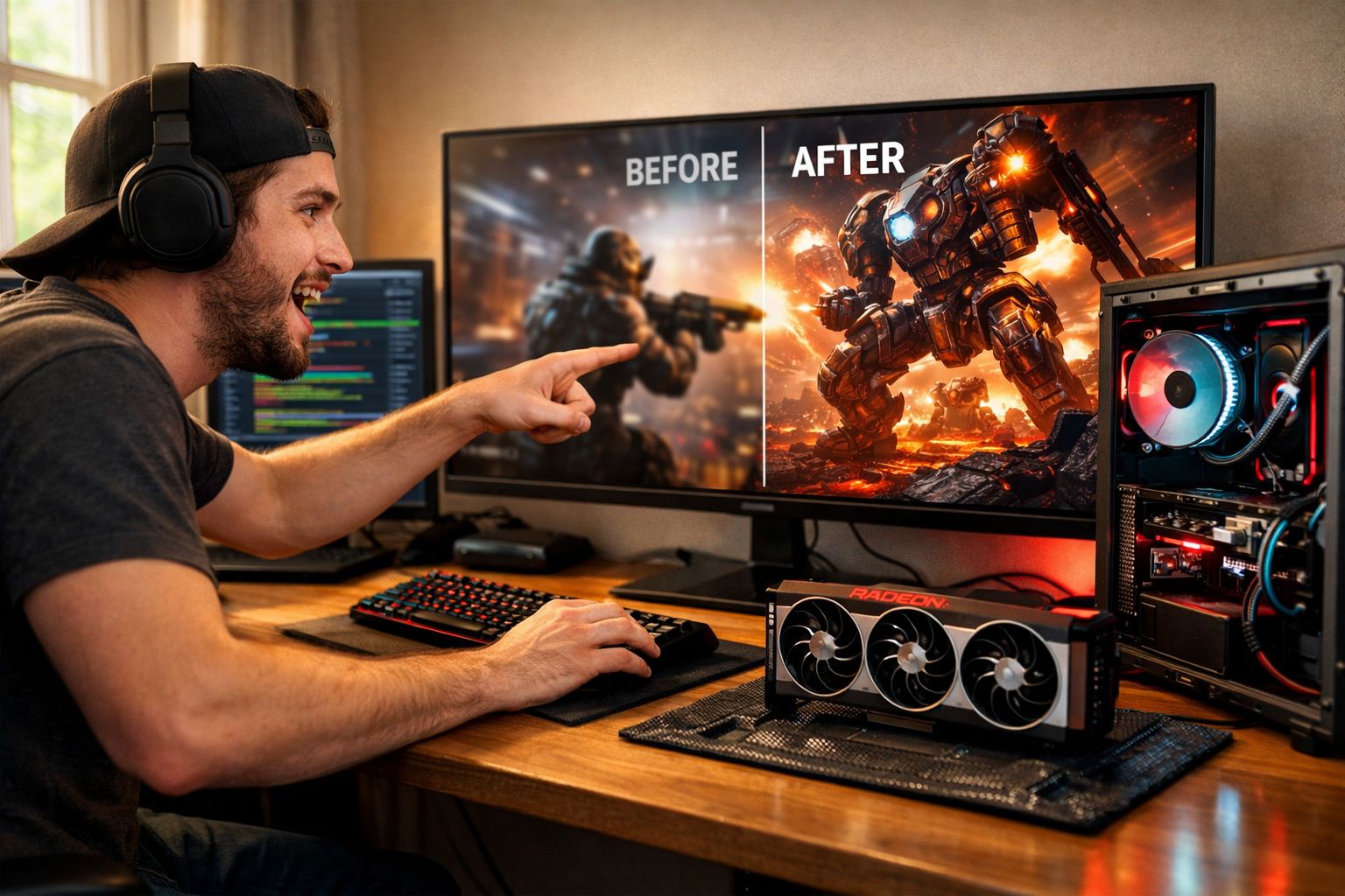 Homem com fone aponta para tela que mostra comparação gráfica de jogo antes e depois de upgrade no computador gamer.