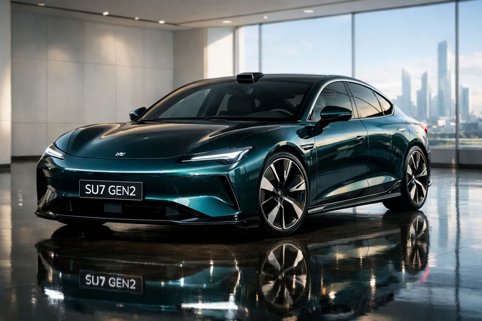 Carro elétrico verde escuro modelo SU7 GEN2 em showroom com piso refletivo e vista urbana ao fundo.