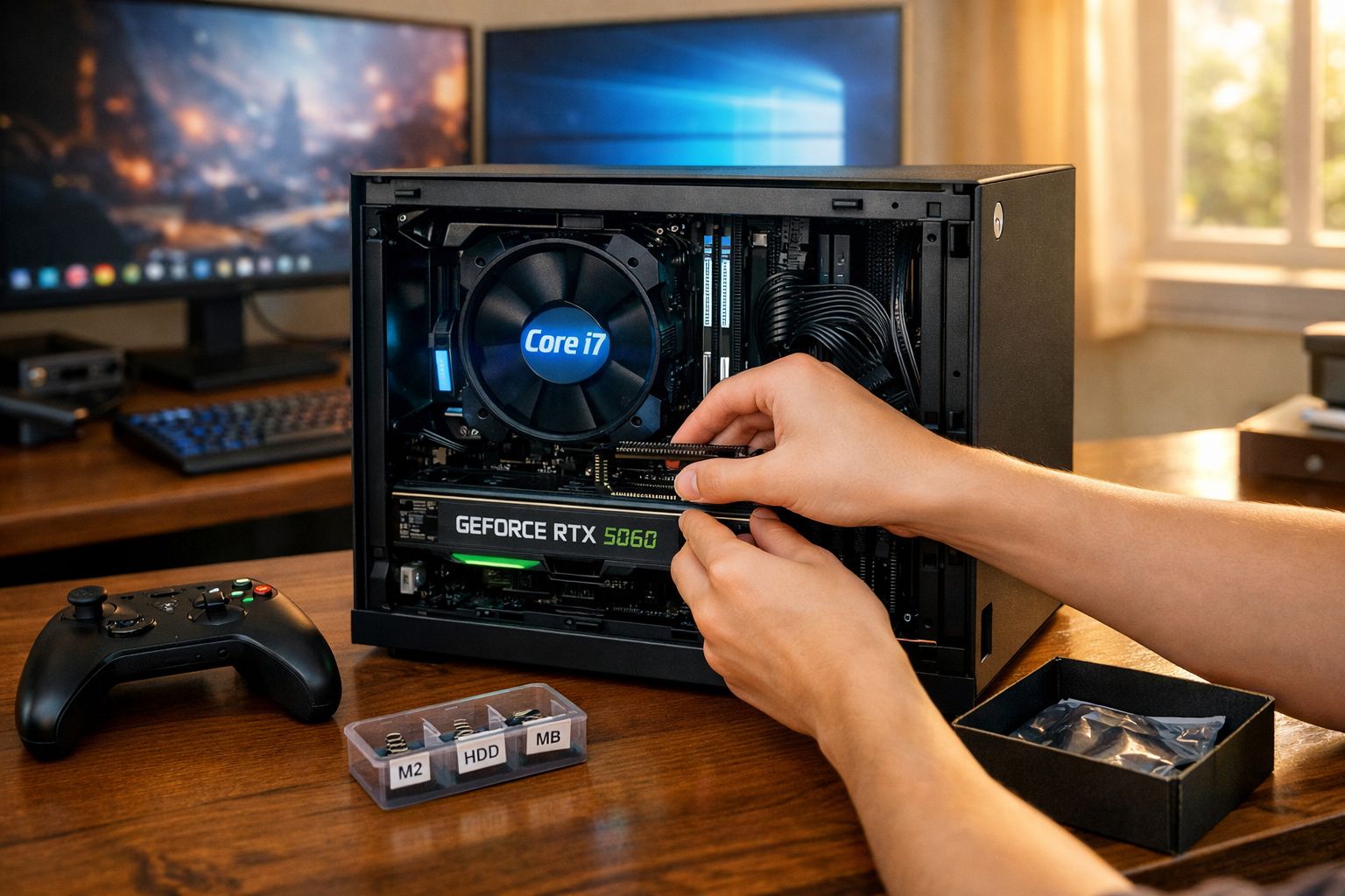 Pessoa instalando placa de vídeo GeForce RTX 3060 em computador com processador Intel Core i7.
