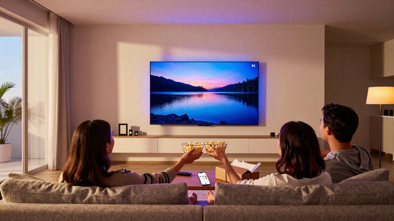 Três pessoas sentadas no sofá assistindo TV e segurando tigelas de pipoca em uma sala iluminada.