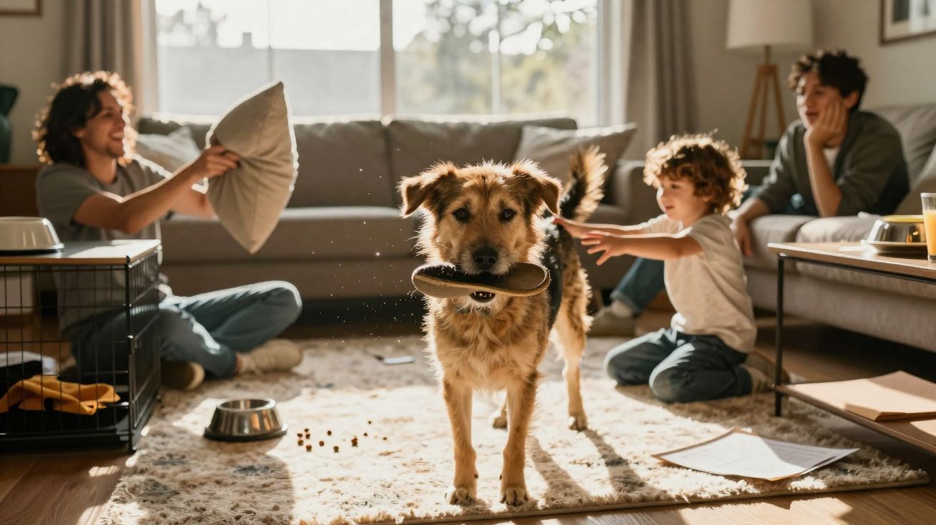 Cachorro segurando chinelo na boca enquanto duas crianças brincam e adulto observa em sala iluminada.