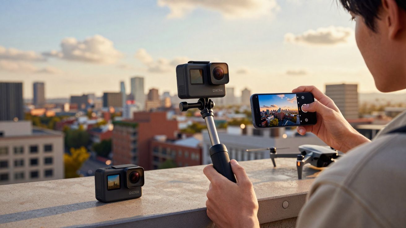 Pessoa segurando câmera em bastão selfie e smartphone, fotografando a paisagem urbana no pôr do sol.