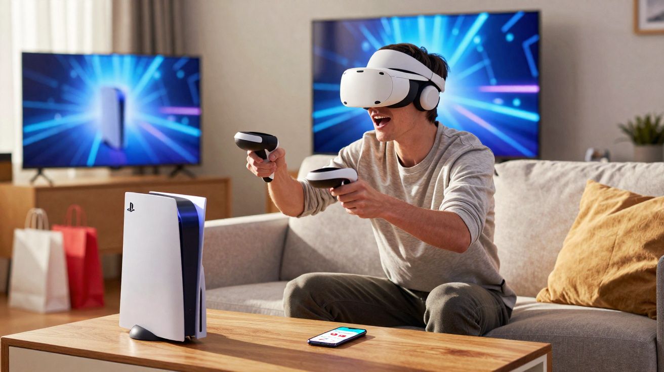 Homem sentado no sofá jogando videogame com óculos e controles de realidade virtual na sala.