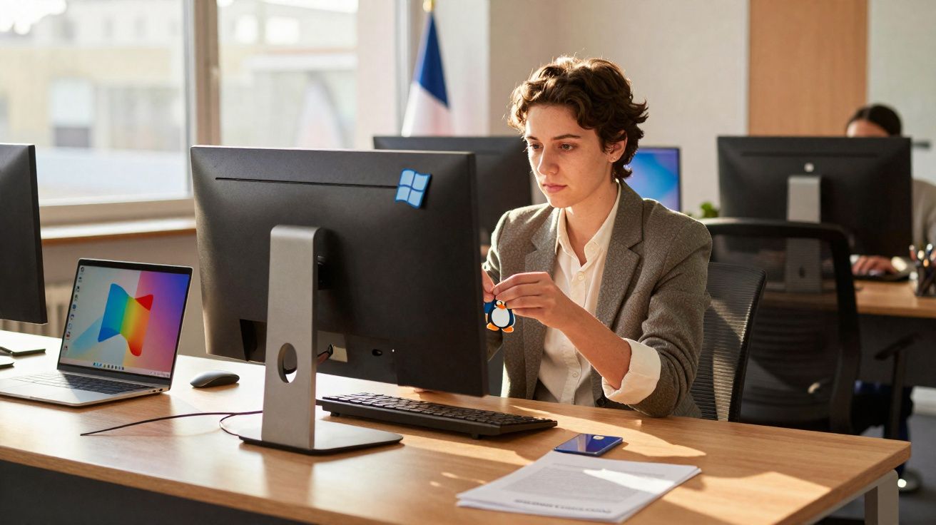 Pessoa com blazer cinza trabalha em escritório ao computador com fundo de janelas e outros funcionários.