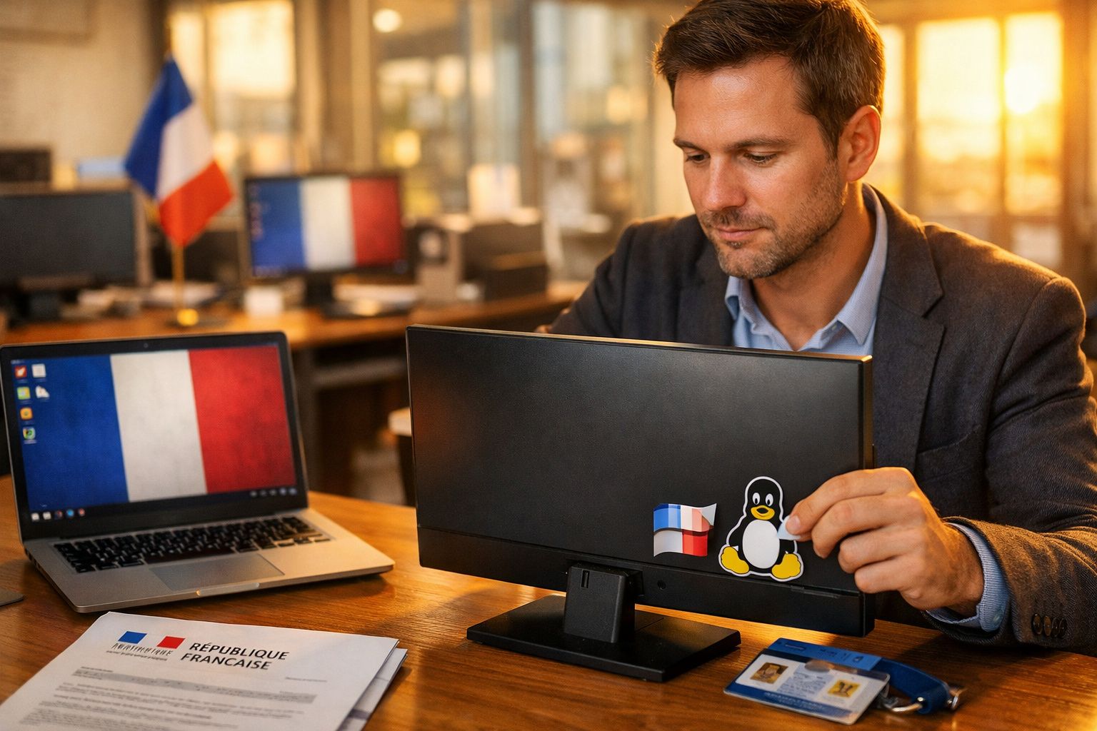 Homem trabalhando em escritório com dois computadores e bandeira da França na tela e adesivo.