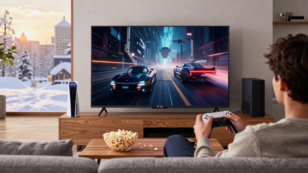 Pessoa jogando videogame de corrida em TV grande em sala moderna com janela para paisagem de inverno com neve.